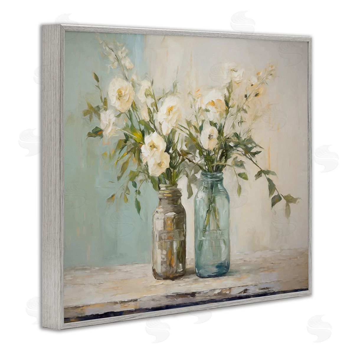 Mason Jar Bouquet Grey Frame Print Wall Art, Home Decor by Ramona Murdock