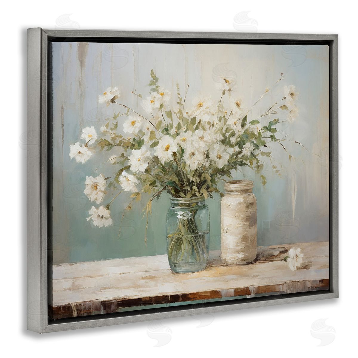 Traditional Jar Bouquet Grey Floating Frame Canvas Wall Art, Home Decor by Ramona Murdock