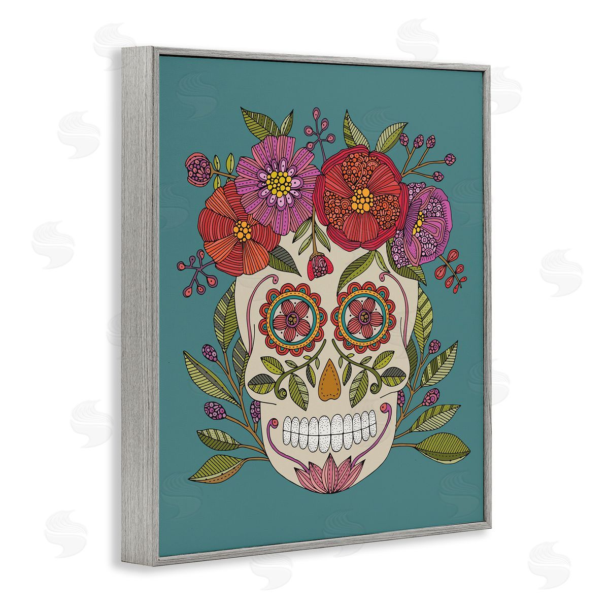 Floral Sugar Skull Grey Frame Print Wall Art, Home Decor by Valentina Harper