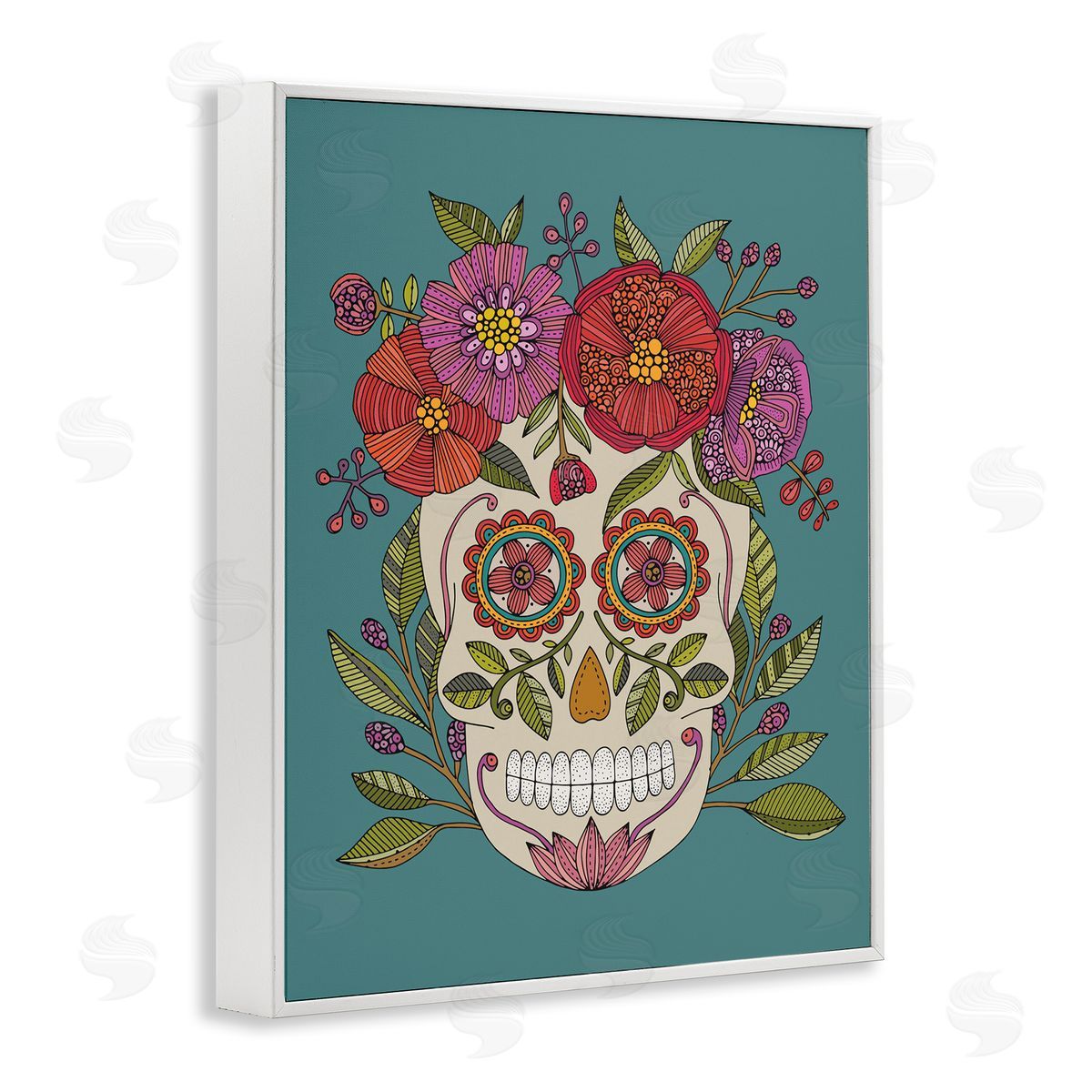 Floral Sugar Skull White Frame Print Wall Art, Home Decor by Valentina Harper