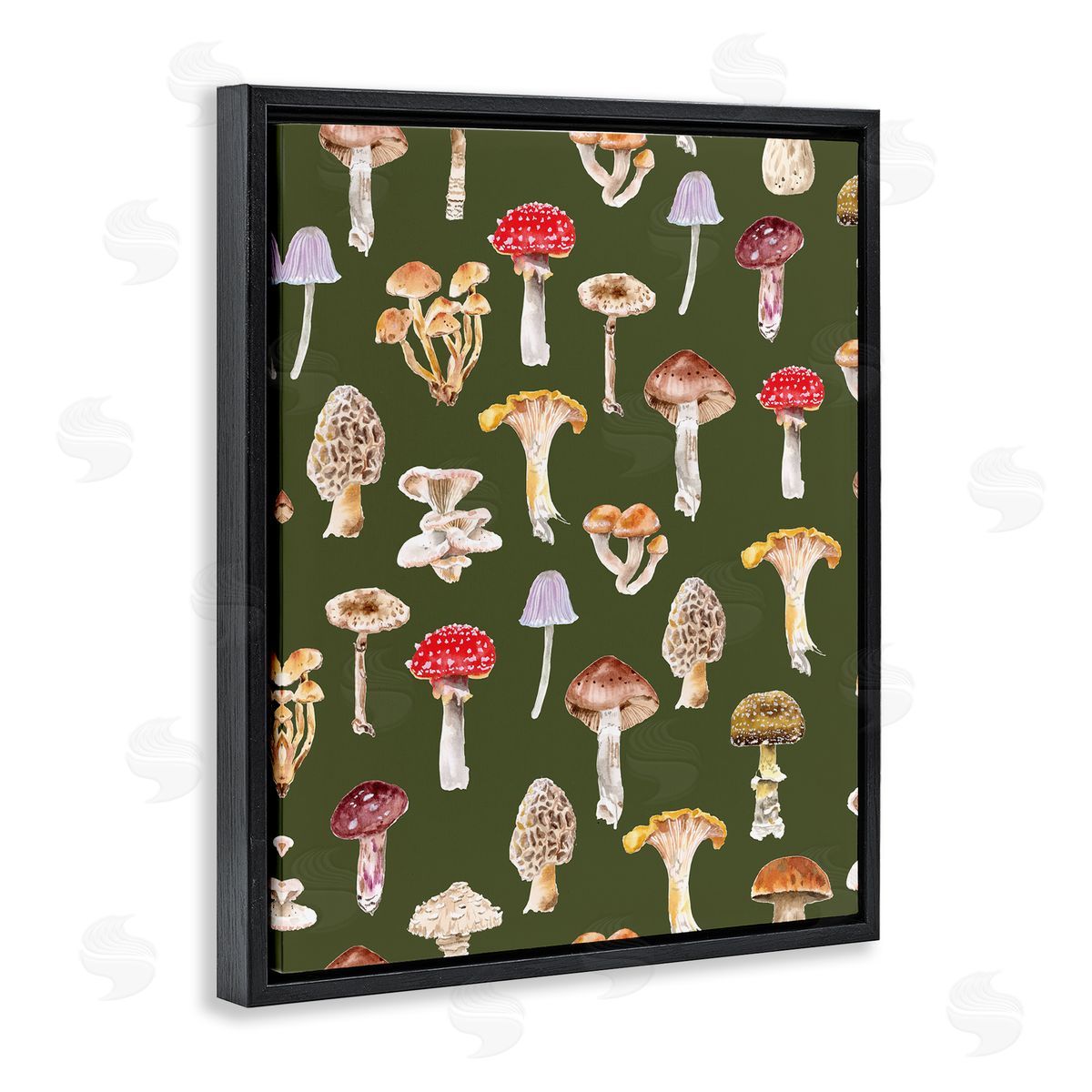 Mushrooms Repeating Pattern Black Floating Frame Canvas Wall Art, Home Decor by Two If By Sea Studios