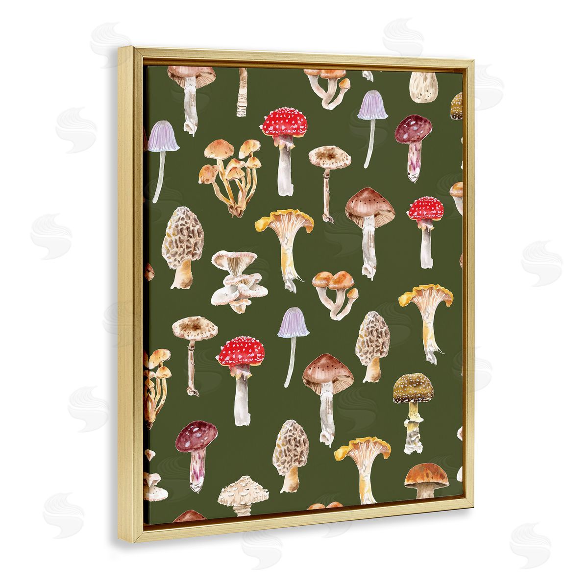 Mushrooms Repeating Pattern Gold Floating Frame Canvas Wall Art, Home Decor by Two If By Sea Studios