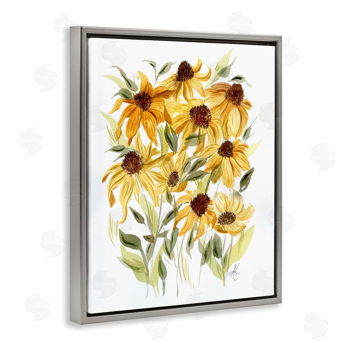 Yellow Rudbeckia Florals Grey Floating Frame Canvas Wall Art, Home Decor by Alexandria Gilbert Kincaid