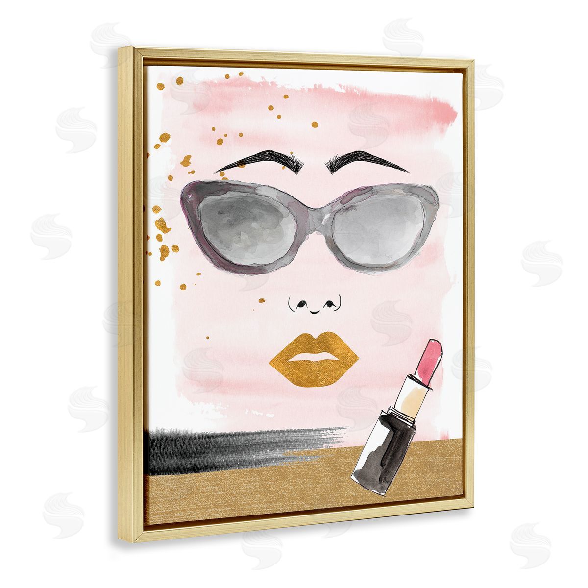 Lipstick and Glam Face Gold Floating Frame Canvas Wall Art, Home Decor by Lanie Loreth