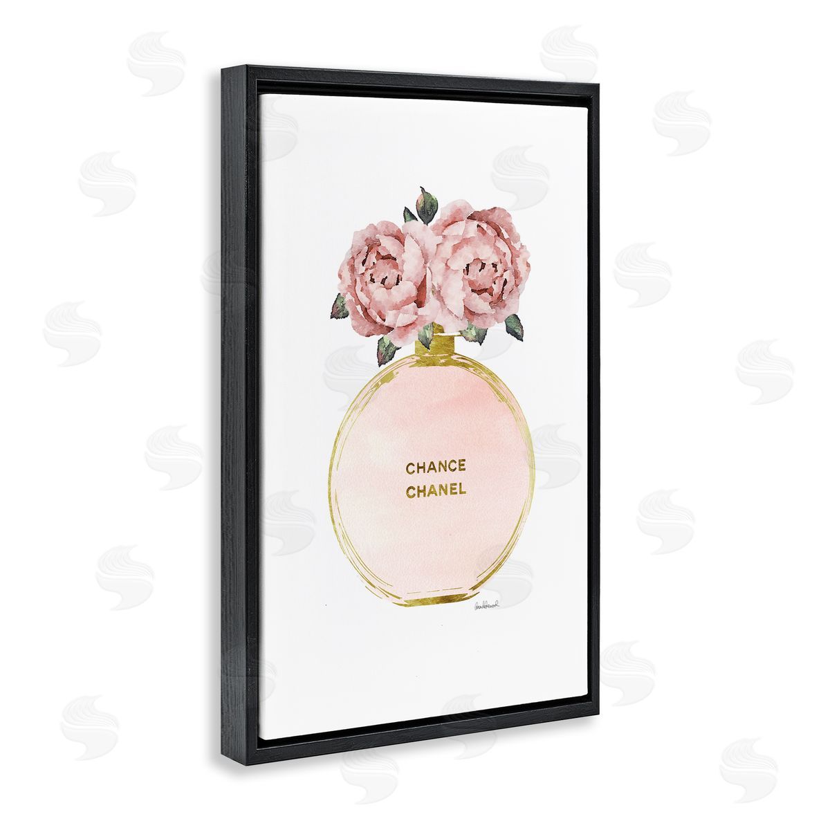 Round Perfume Bottle Black Floating Frame Canvas Wall Art, Home Decor by Amanda Greenwood