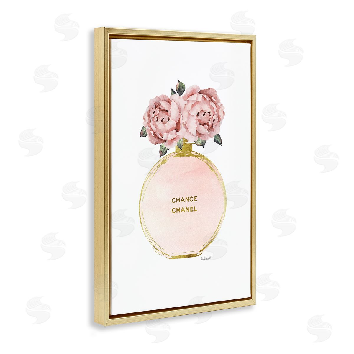 Round Perfume Bottle Gold Floating Frame Canvas Wall Art, Home Decor by Amanda Greenwood