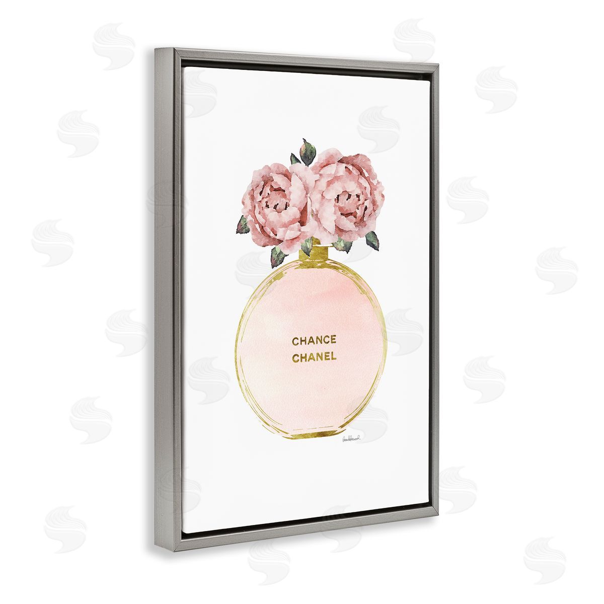 Round Perfume Bottle Grey Floating Frame Canvas Wall Art, Home Decor by Amanda Greenwood