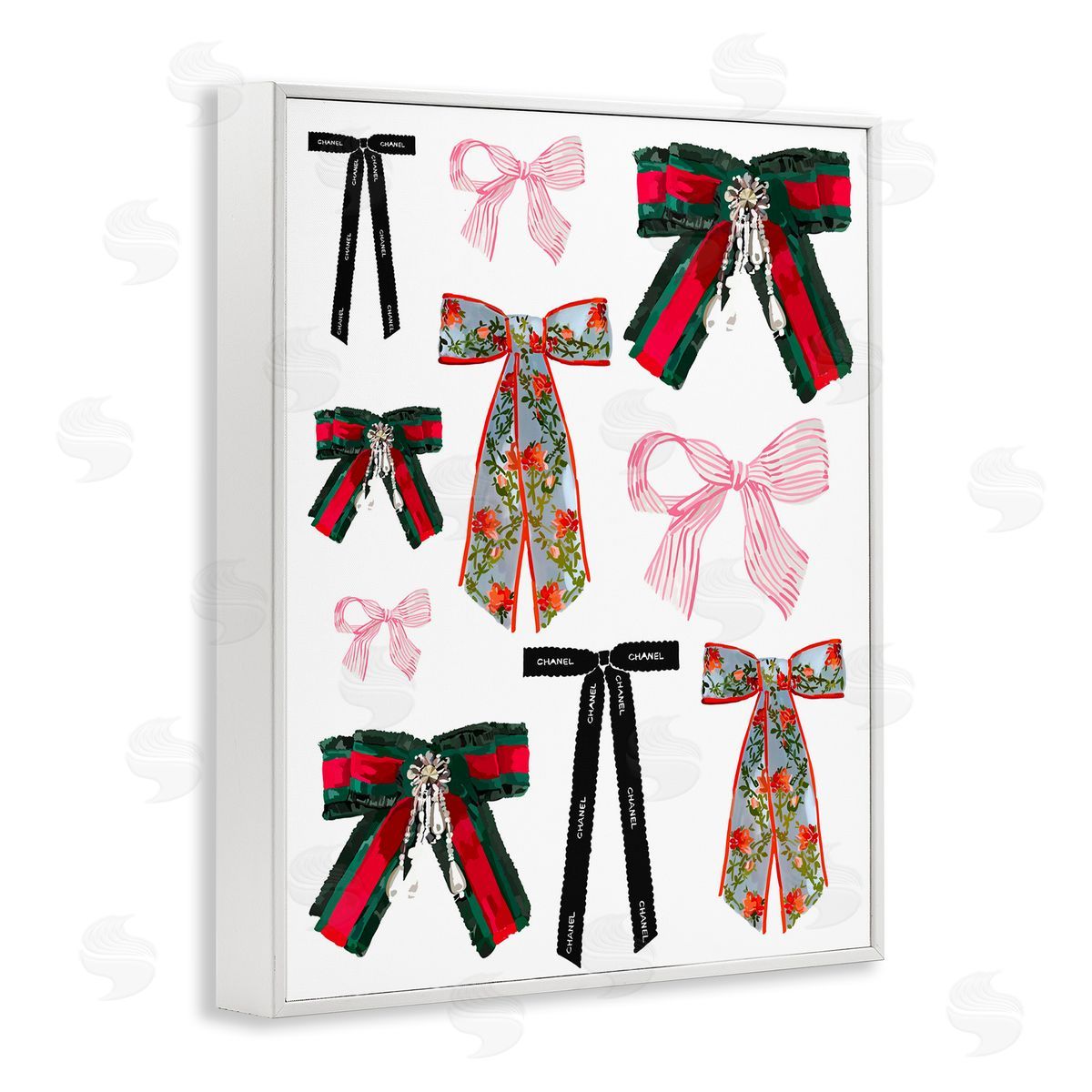 Patterned Fashion Ribbons White Frame Print Wall Art, Home Decor by Amelia Noyes