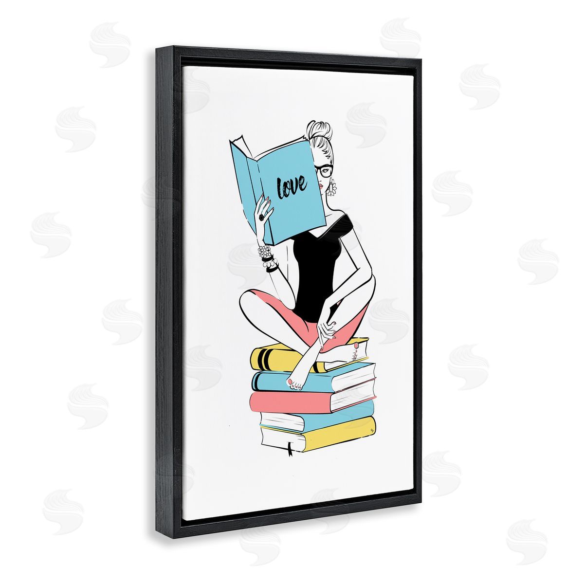 Book Love Girl Black Floating Frame Canvas Wall Art, Home Decor by Martina Pavlova