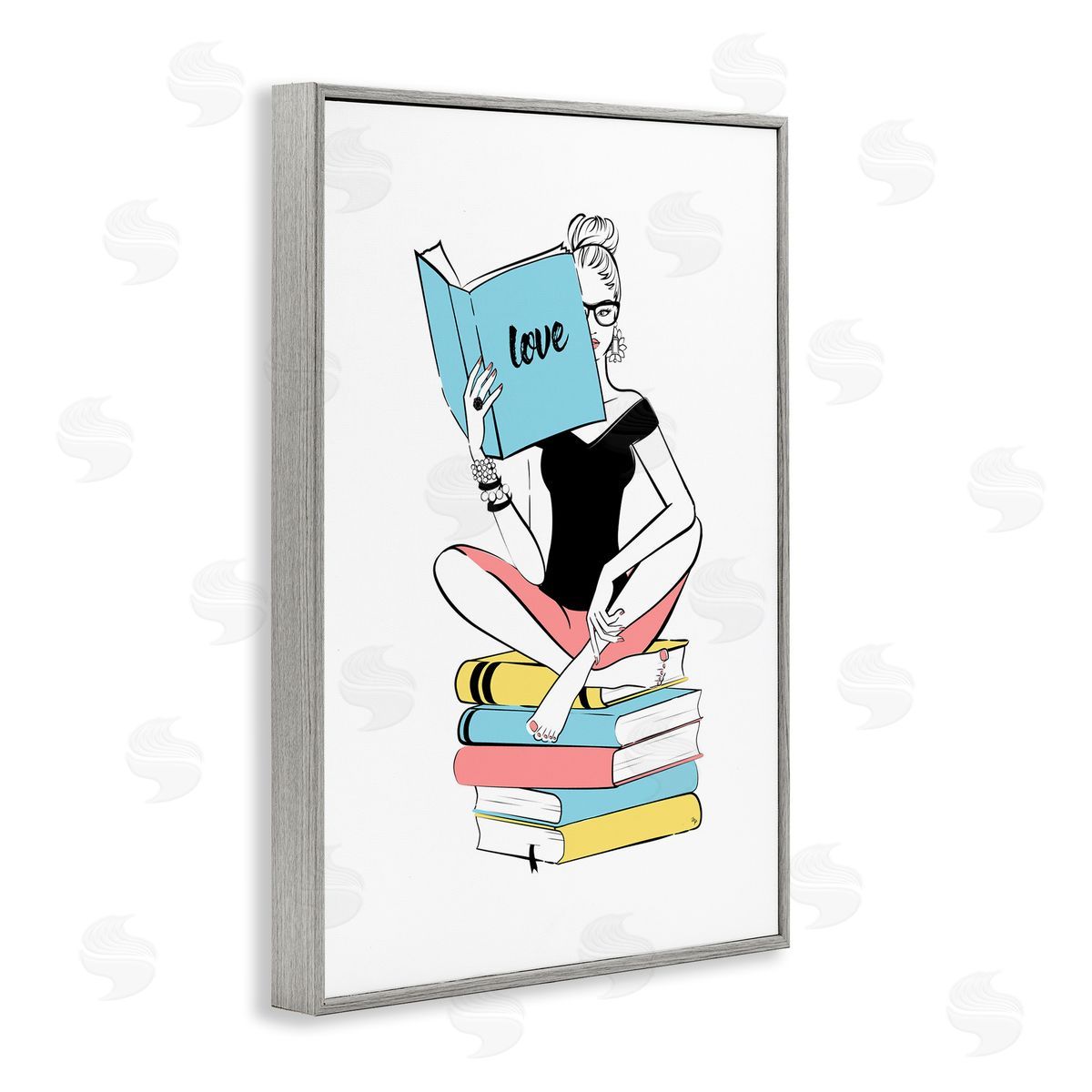 Book Love Girl Grey Frame Print Wall Art, Home Decor by Martina Pavlova