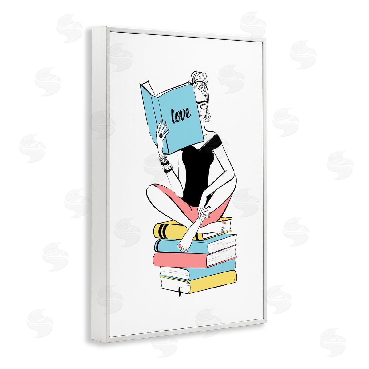 Book Love Girl White Frame Print Wall Art, Home Decor by Martina Pavlova