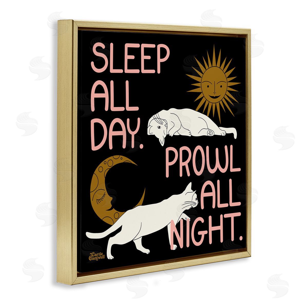 Sleep and Prowl Cats Gold Floating Frame Canvas Wall Art, Home Decor by Carrie Cantwell