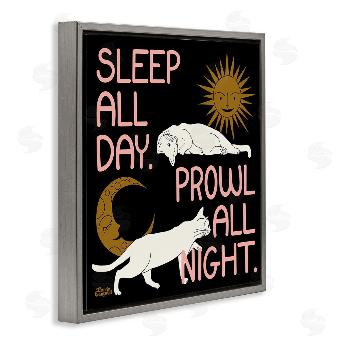 Sleep and Prowl Cats Grey Floating Frame Canvas Wall Art, Home Decor by Carrie Cantwell