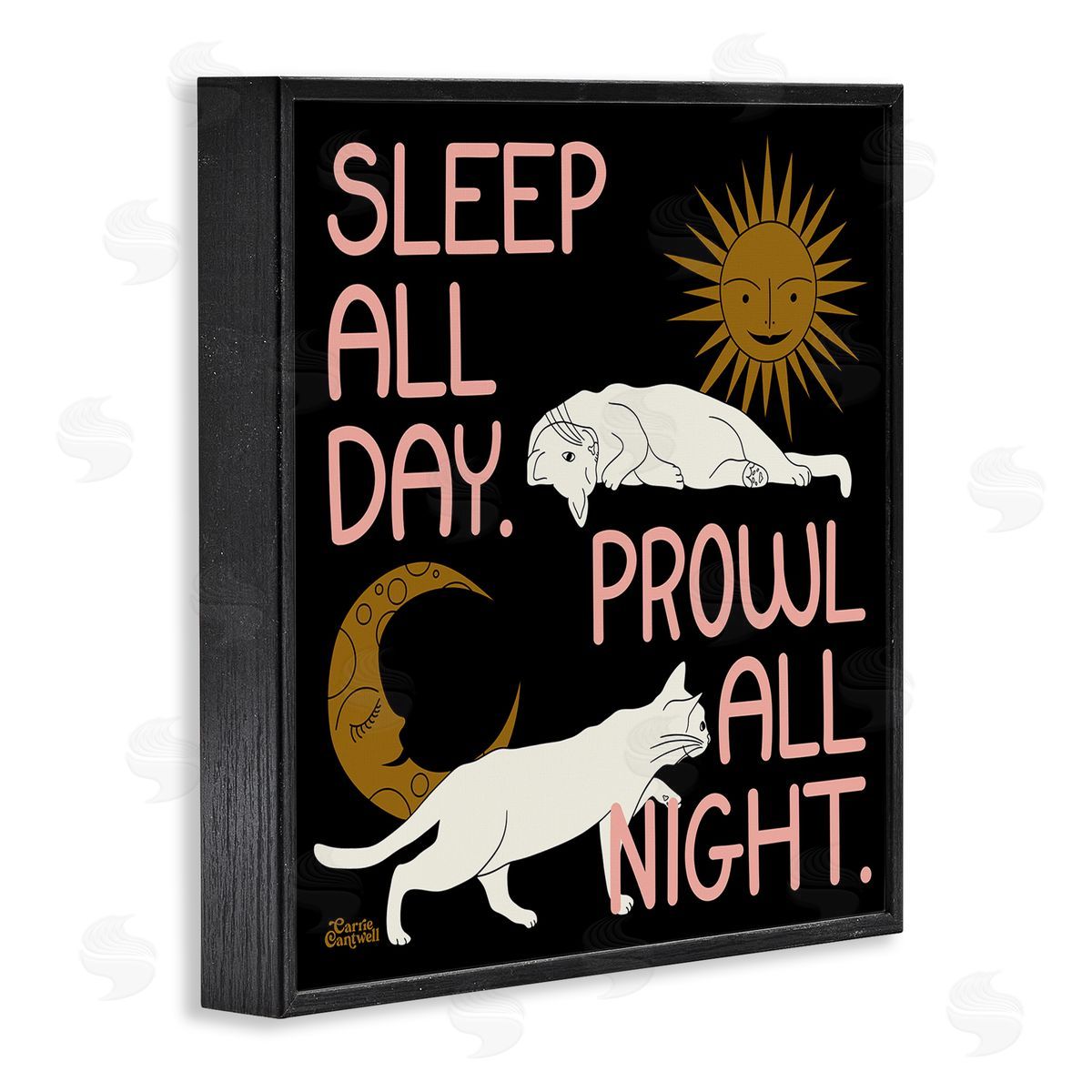 Sleep and Prowl Cats Black Frame Print Wall Art, Home Decor by Carrie Cantwell
