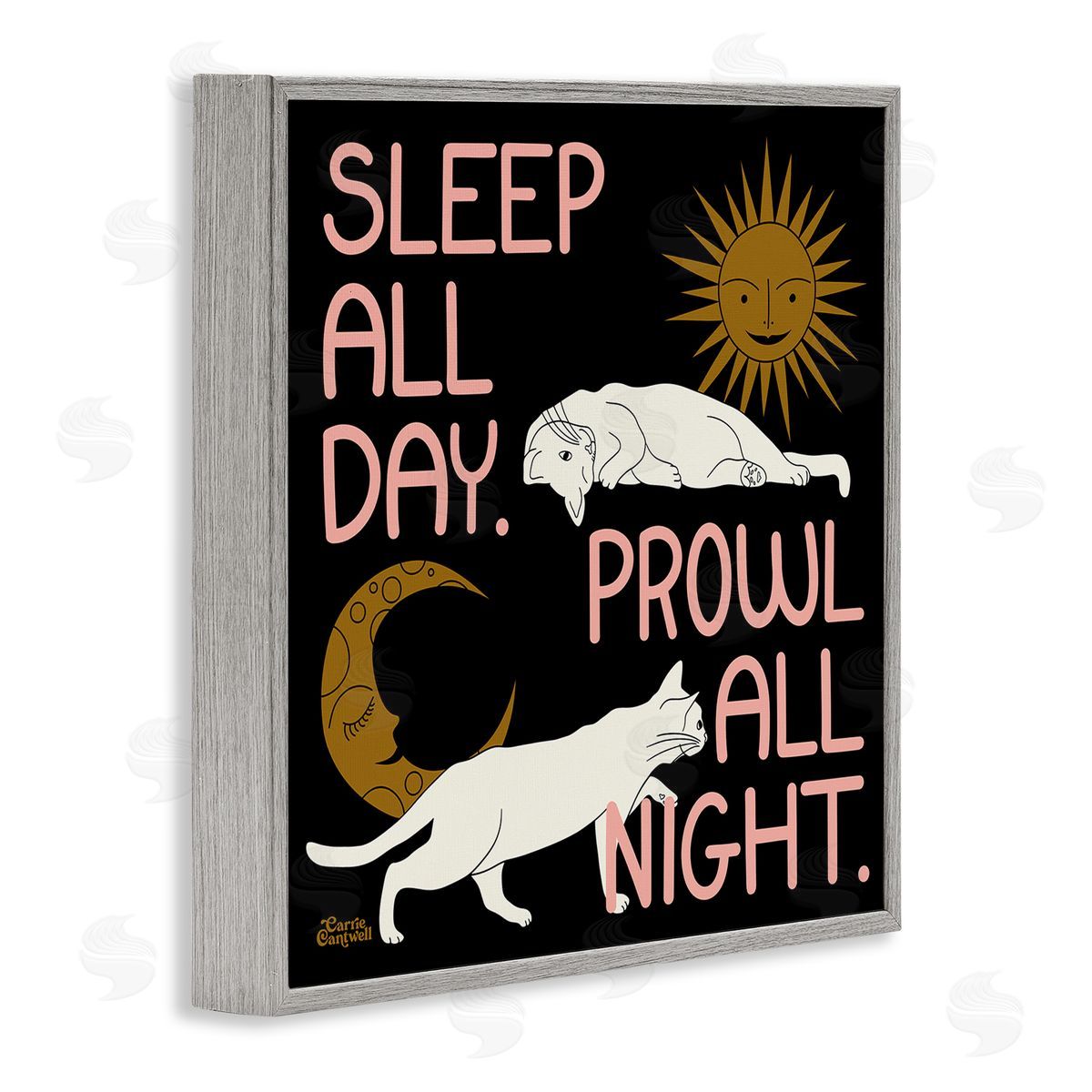 Sleep and Prowl Cats Grey Frame Print Wall Art, Home Decor by Carrie Cantwell