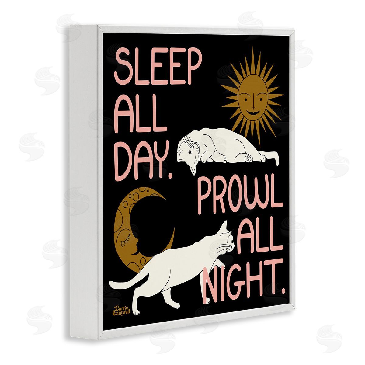 Sleep and Prowl Cats White Frame Print Wall Art, Home Decor by Carrie Cantwell