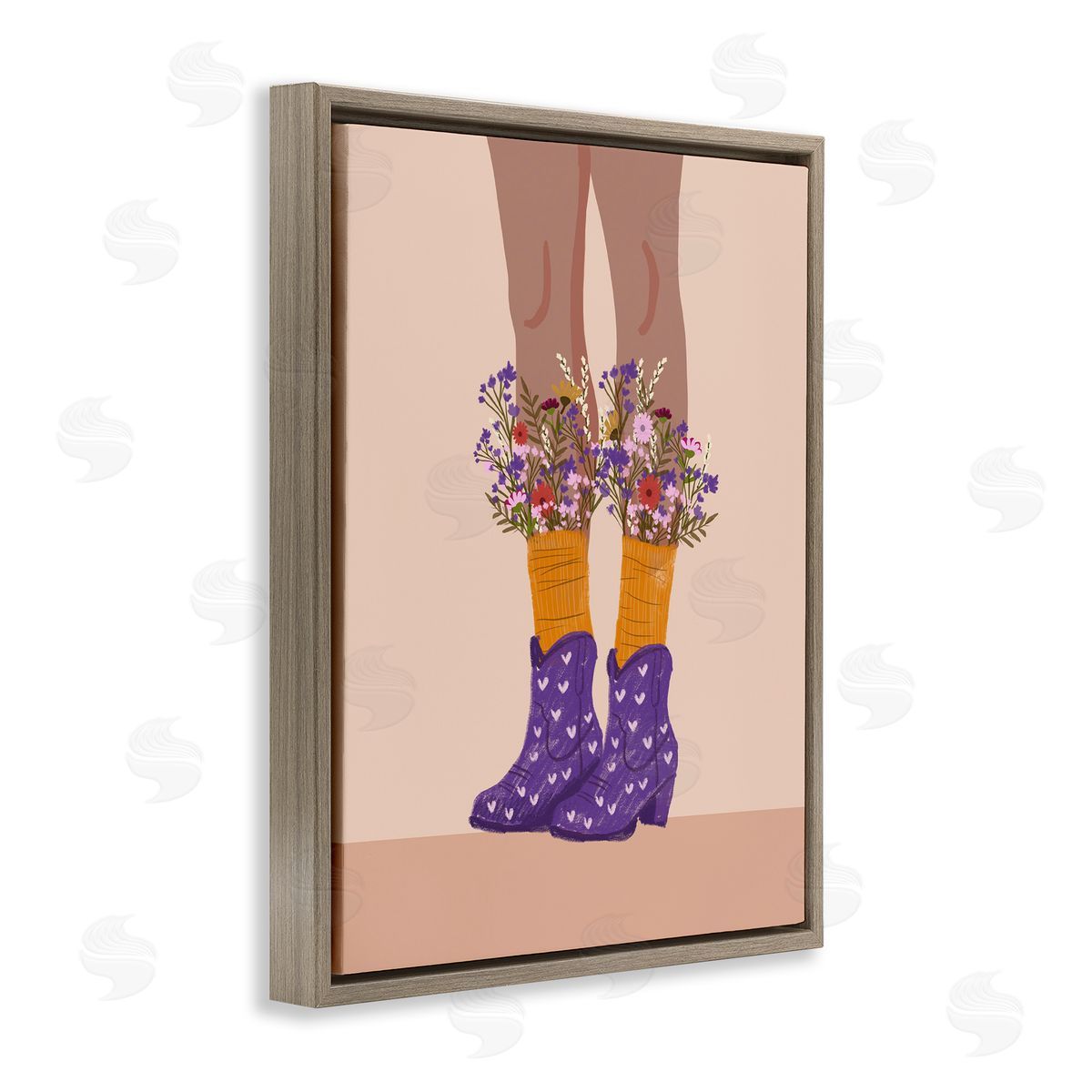Wildflower Fashion Illustration Brown Floating Frame Canvas Wall Art, Home Decor by Chen Alyesh