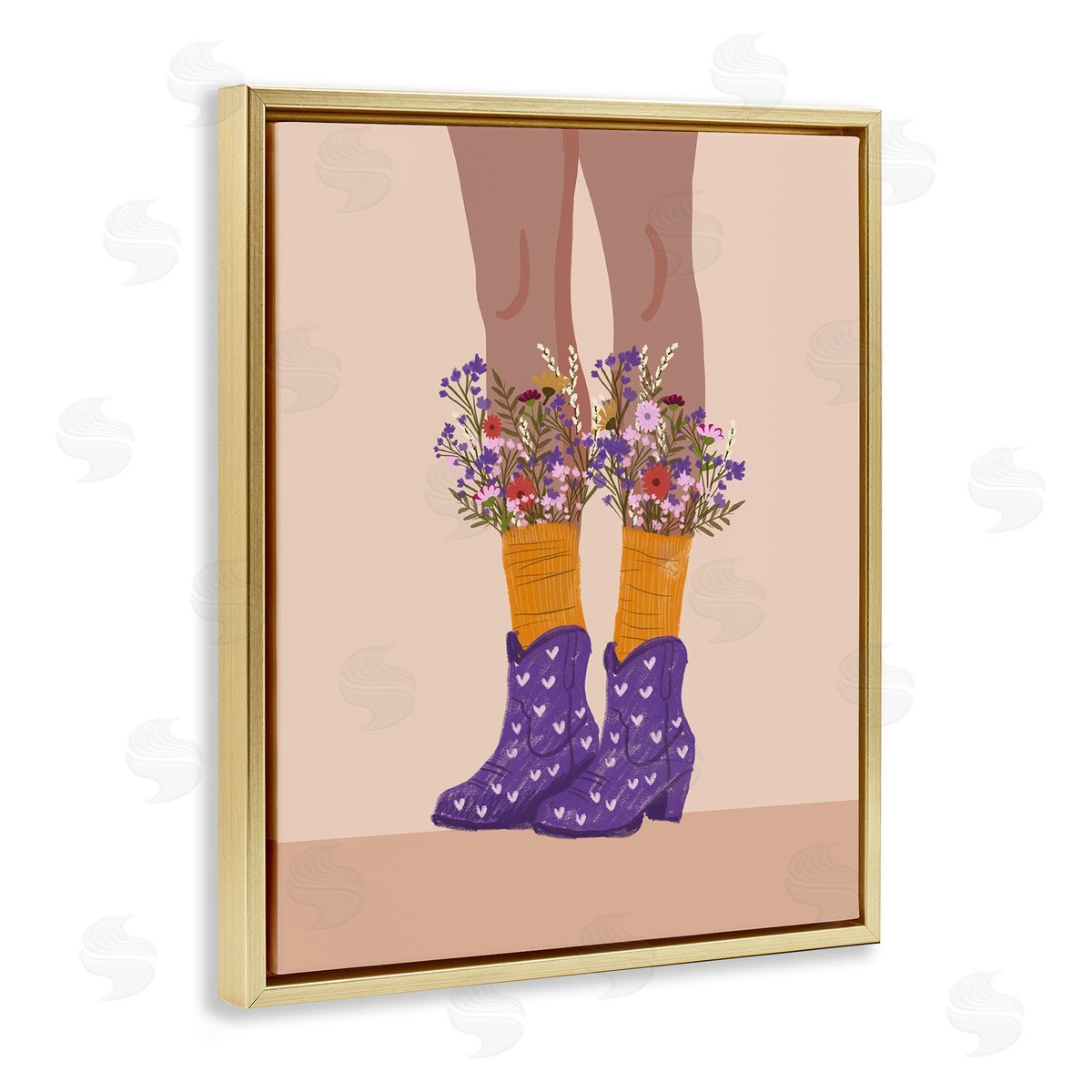 Wildflower Fashion Illustration Gold Floating Frame Canvas Wall Art, Home Decor by Chen Alyesh