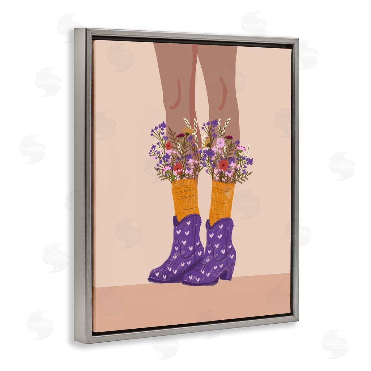 Wildflower Fashion Illustration Grey Floating Frame Canvas Wall Art, Home Decor by Chen Alyesh