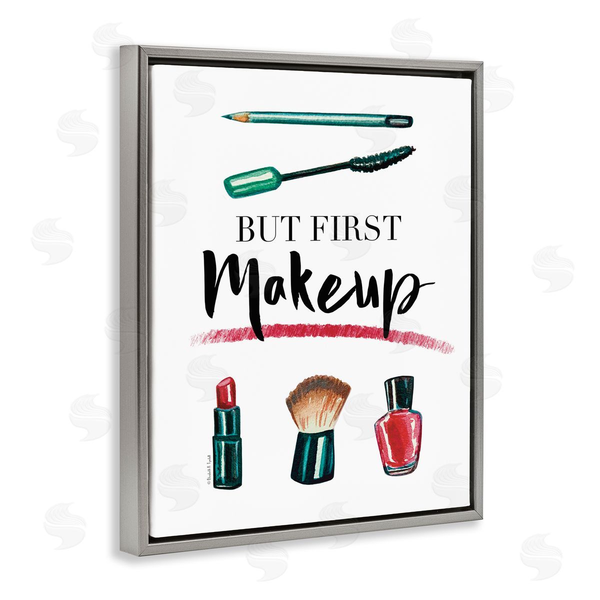 But First Makeup Grey Floating Frame Canvas Wall Art, Home Decor by Elizabeth Tyndall