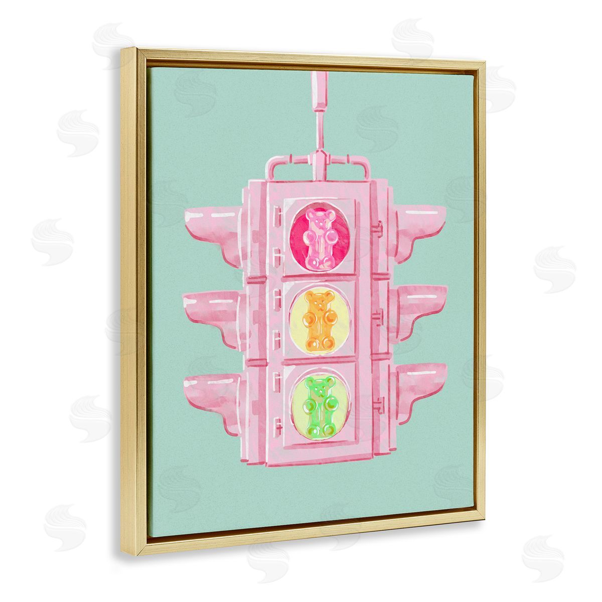 Candy Bears Traffic Light Gold Floating Frame Canvas Wall Art, Home Decor by Ziwei Li
