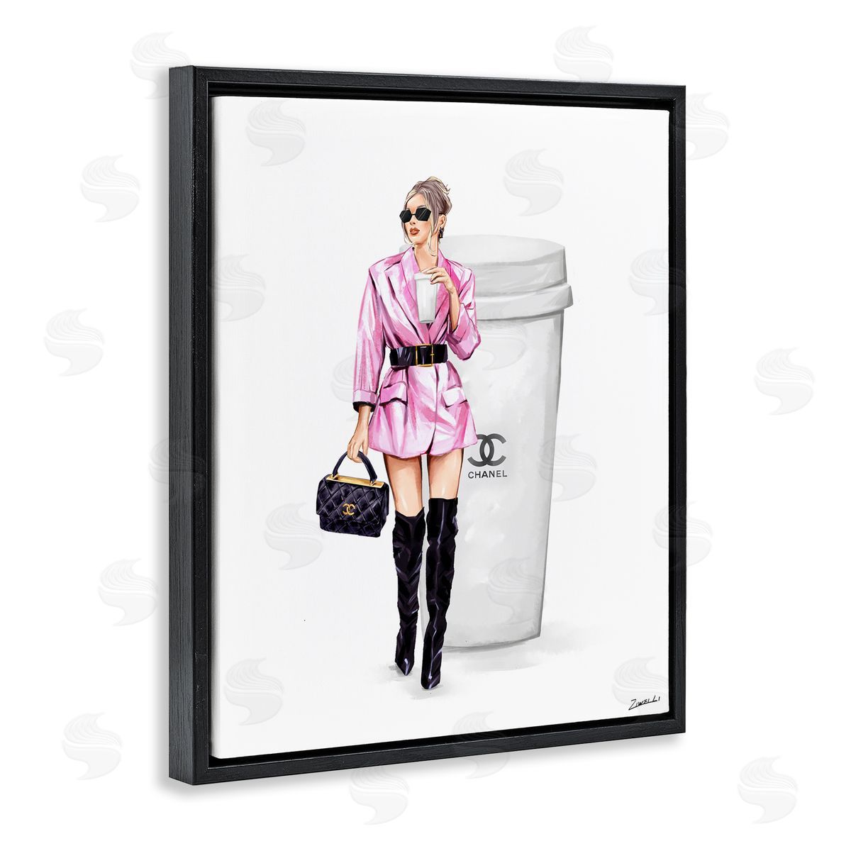 Trendy Girl with Coffee Black Floating Frame Canvas Wall Art, Home Decor by Ziwei Li