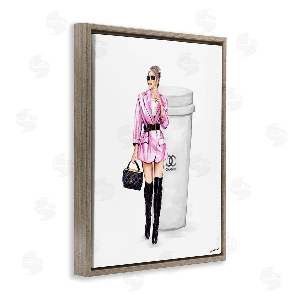 Trendy Girl with Coffee Brown Floating Frame Canvas Wall Art, Home Decor by Ziwei Li