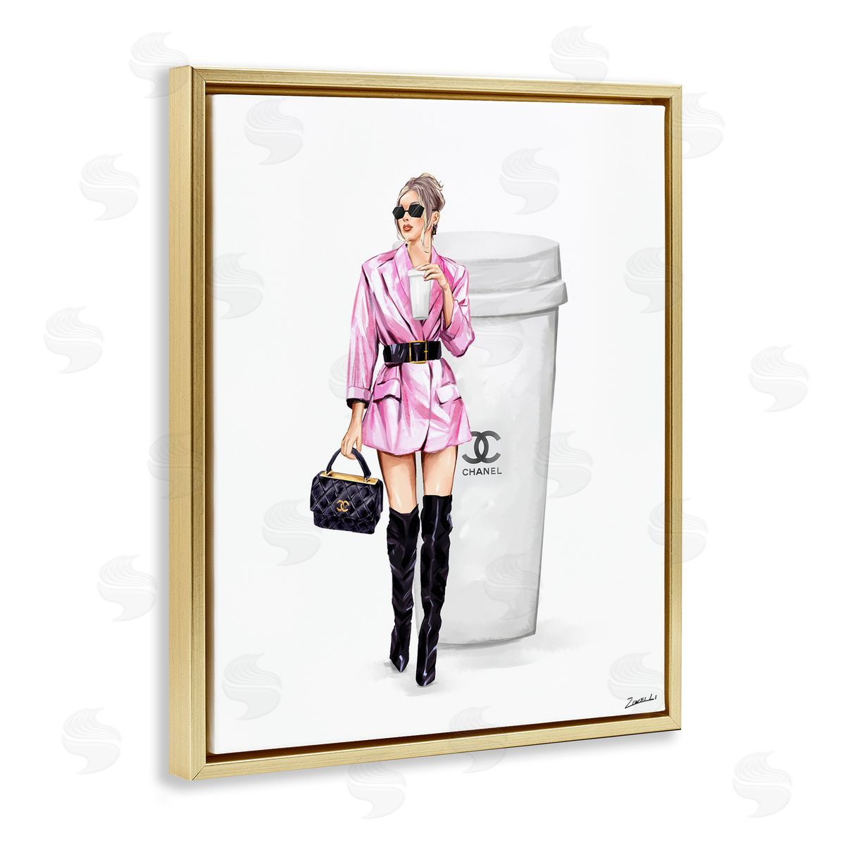 Trendy Girl with Coffee Gold Floating Frame Canvas Wall Art, Home Decor by Ziwei Li