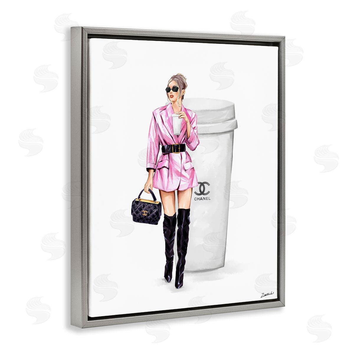 Trendy Girl with Coffee Grey Floating Frame Canvas Wall Art, Home Decor by Ziwei Li