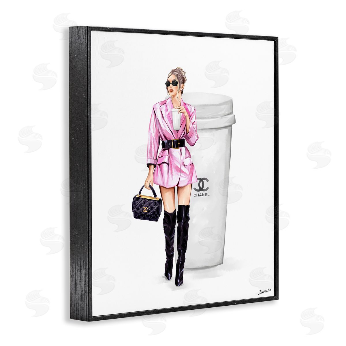 Trendy Girl with Coffee Black Frame Print Wall Art, Home Decor by Ziwei Li