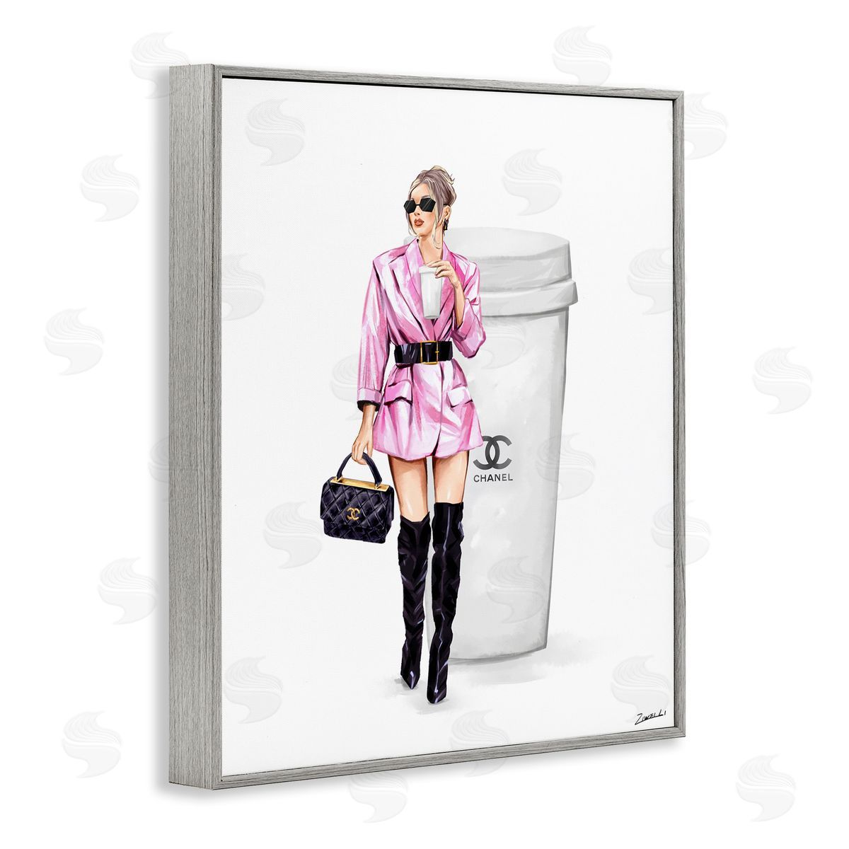 Trendy Girl with Coffee Grey Frame Print Wall Art, Home Decor by Ziwei Li