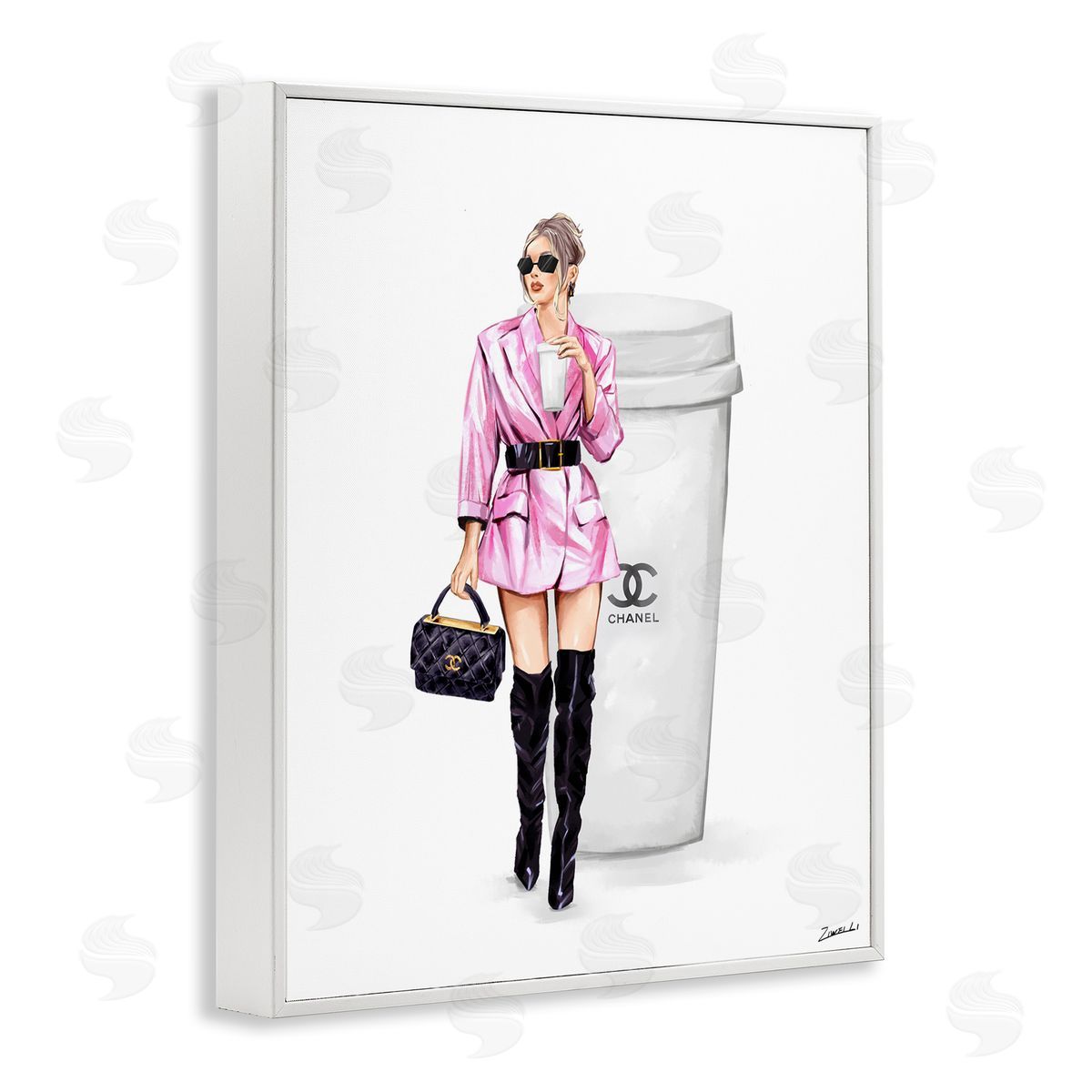 Trendy Girl with Coffee White Frame Print Wall Art, Home Decor by Ziwei Li