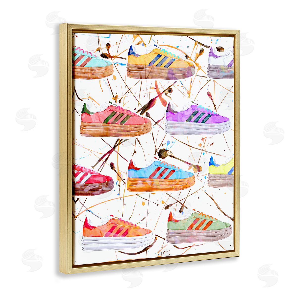 Abstract Splatter Sneakers Gold Floating Frame Canvas Wall Art, Home Decor by Ziwei Li