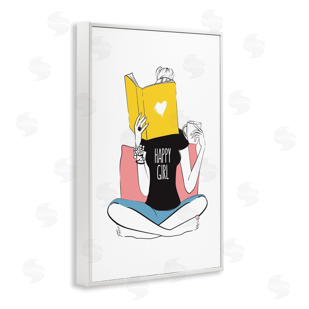 Happy Reader Girl White Frame Print Wall Art, Home Decor by Martina Pavlova