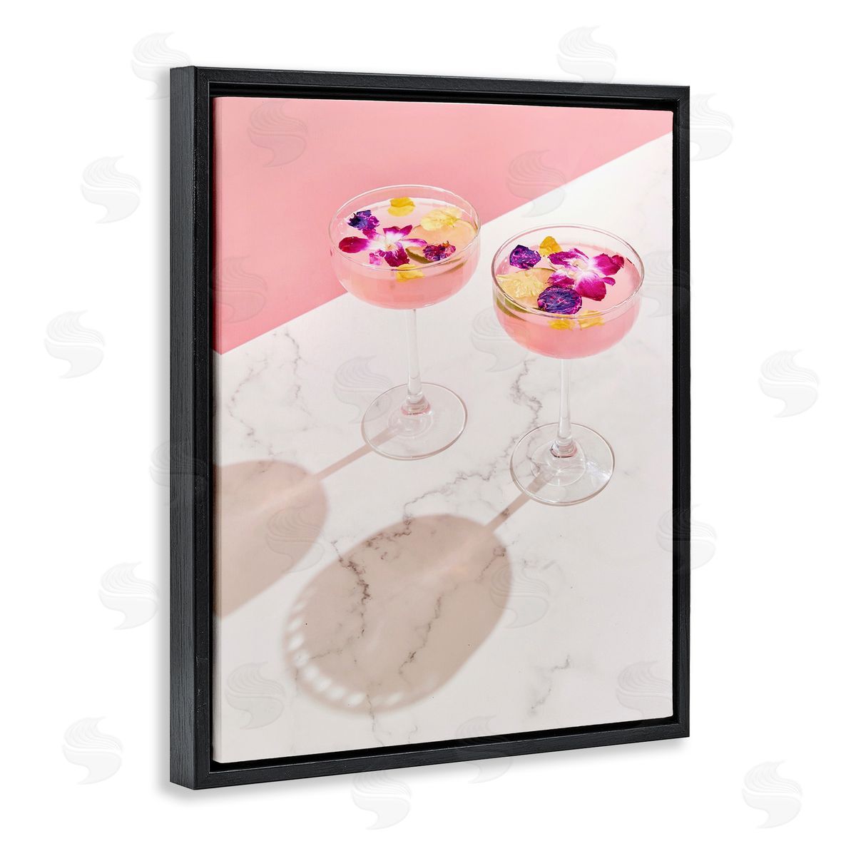 Pink Floral Cocktails Black Floating Frame Canvas Wall Art, Home Decor by LISH Creative