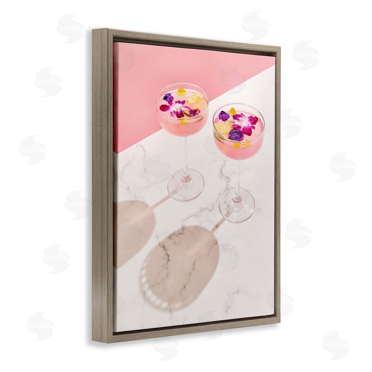 Pink Floral Cocktails Brown Floating Frame Canvas Wall Art, Home Decor by LISH Creative