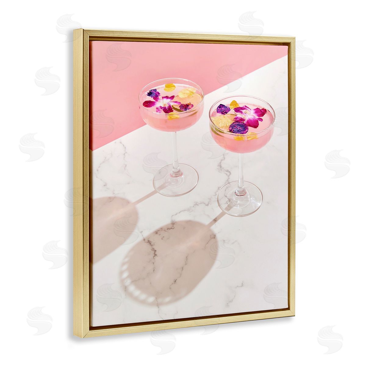 Pink Floral Cocktails Gold Floating Frame Canvas Wall Art, Home Decor by LISH Creative
