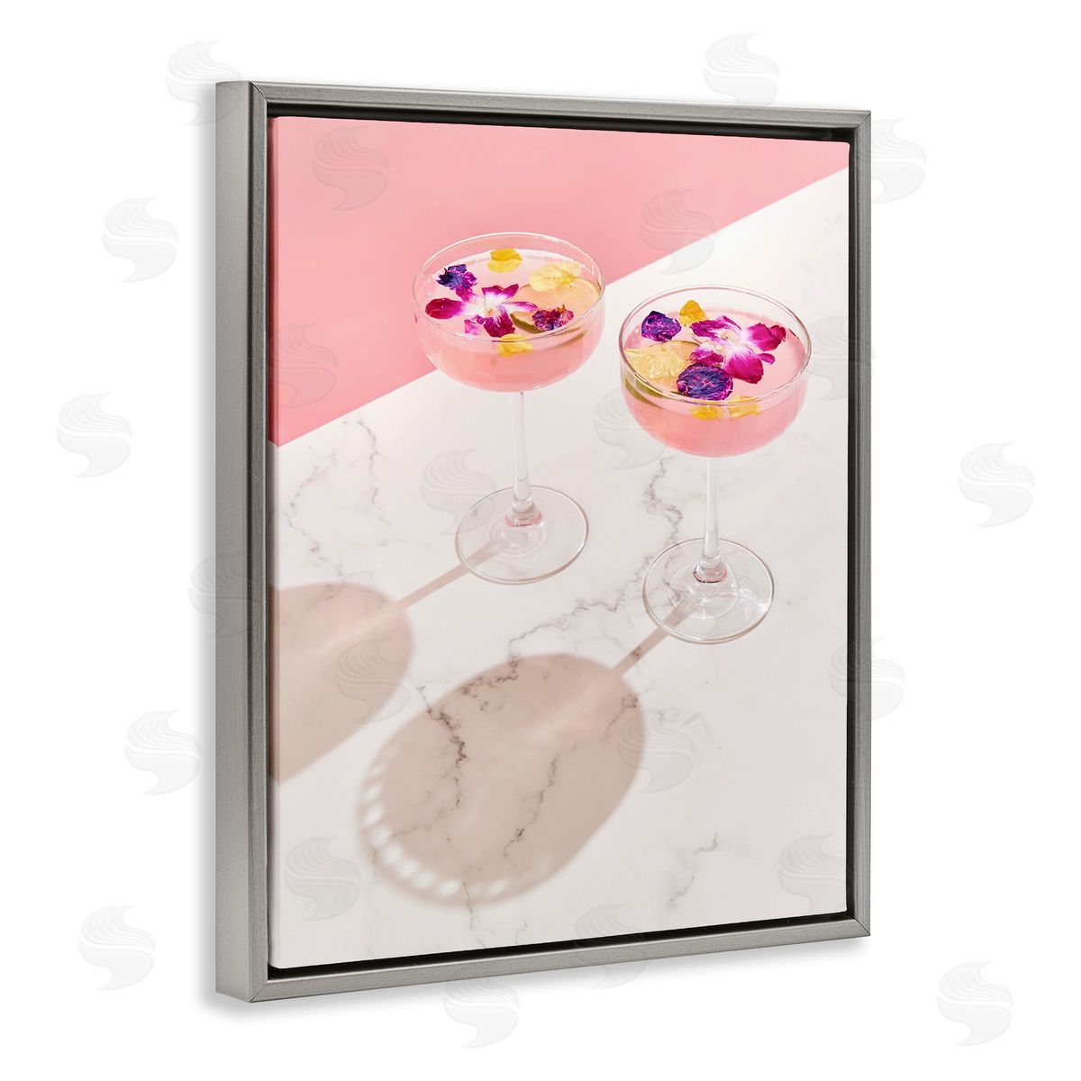Pink Floral Cocktails Grey Floating Frame Canvas Wall Art, Home Decor by LISH Creative
