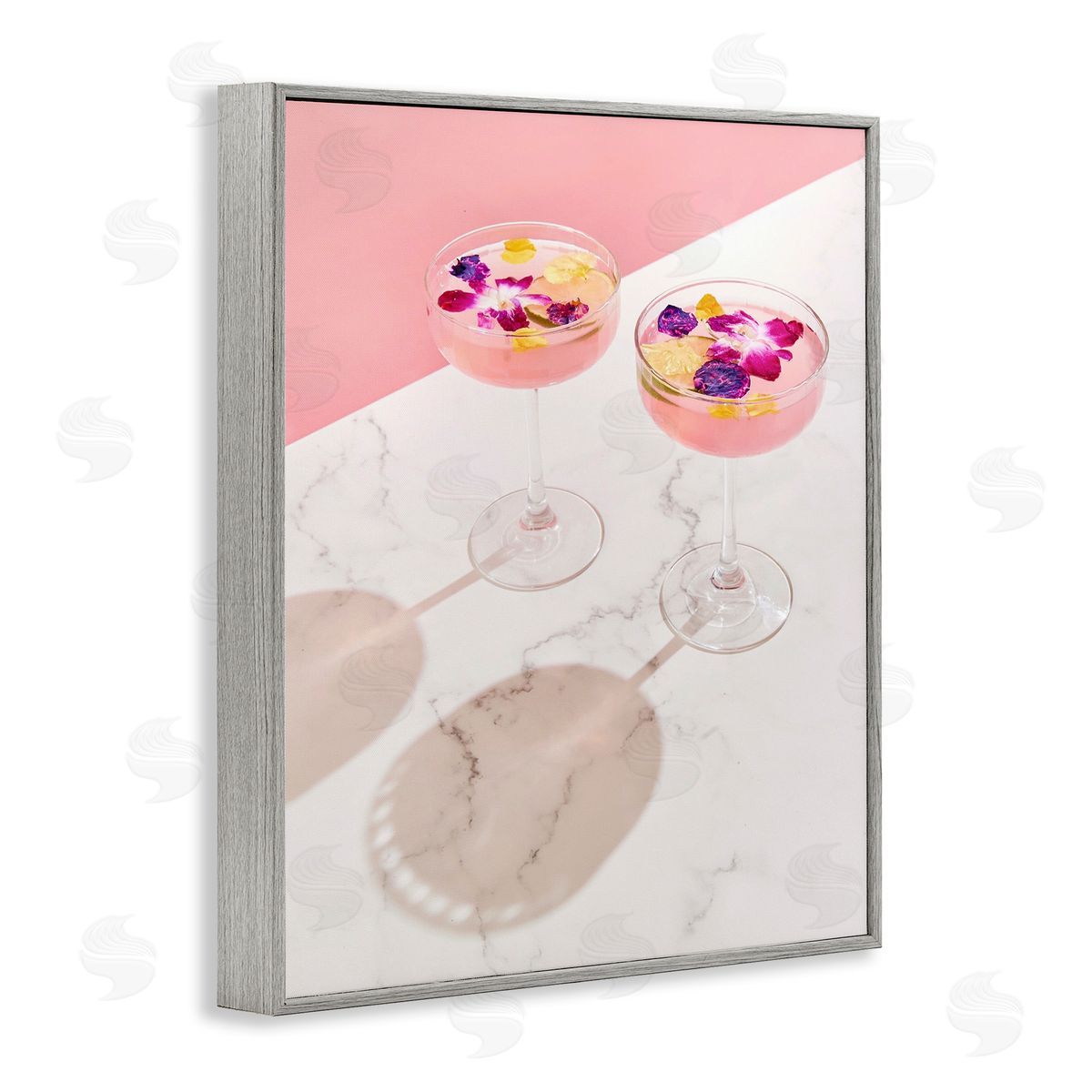 Pink Floral Cocktails Grey Frame Print Wall Art, Home Decor by LISH Creative