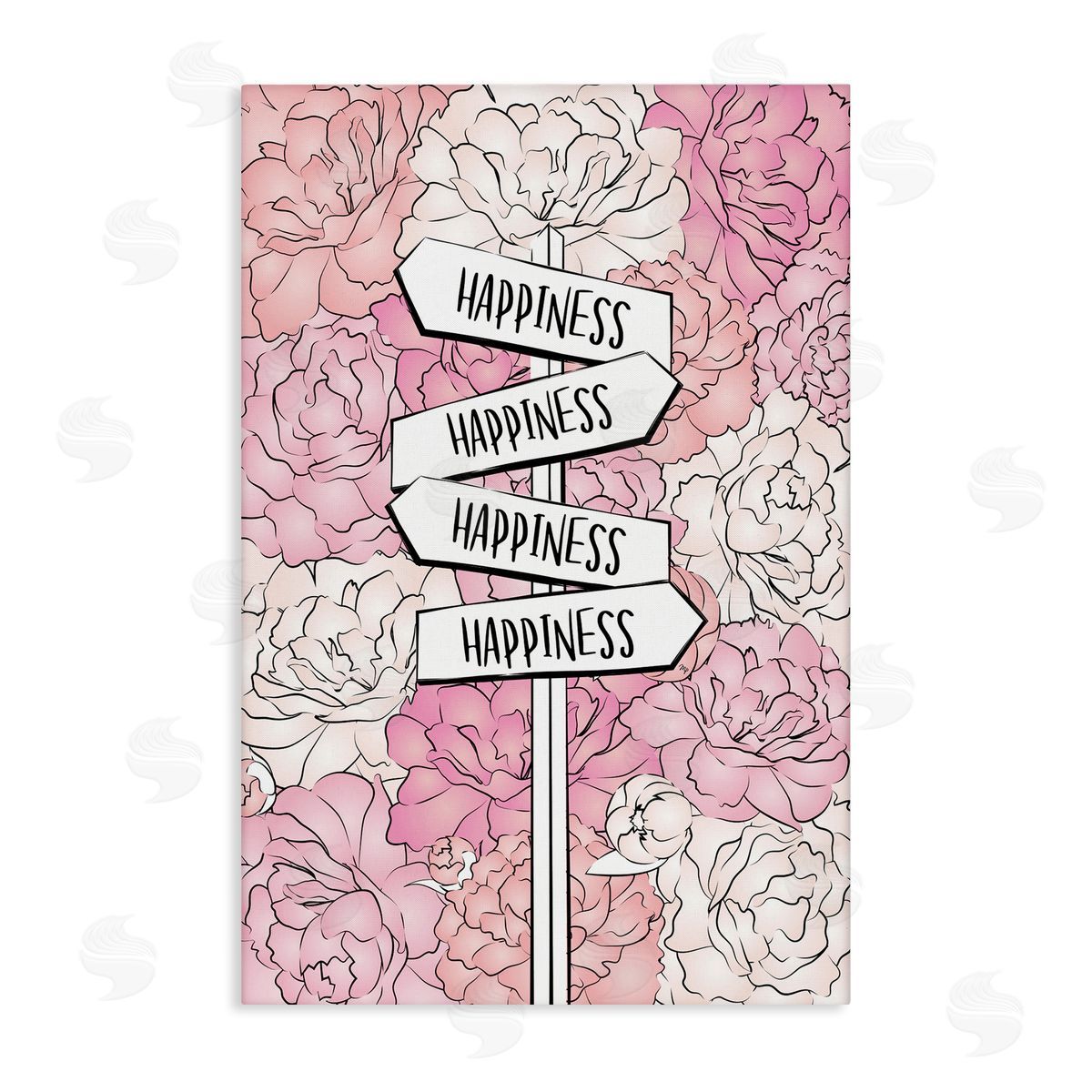 Happiness Sign on Flowers Canvas Wall Art, Home Decor by Martina Pavlova