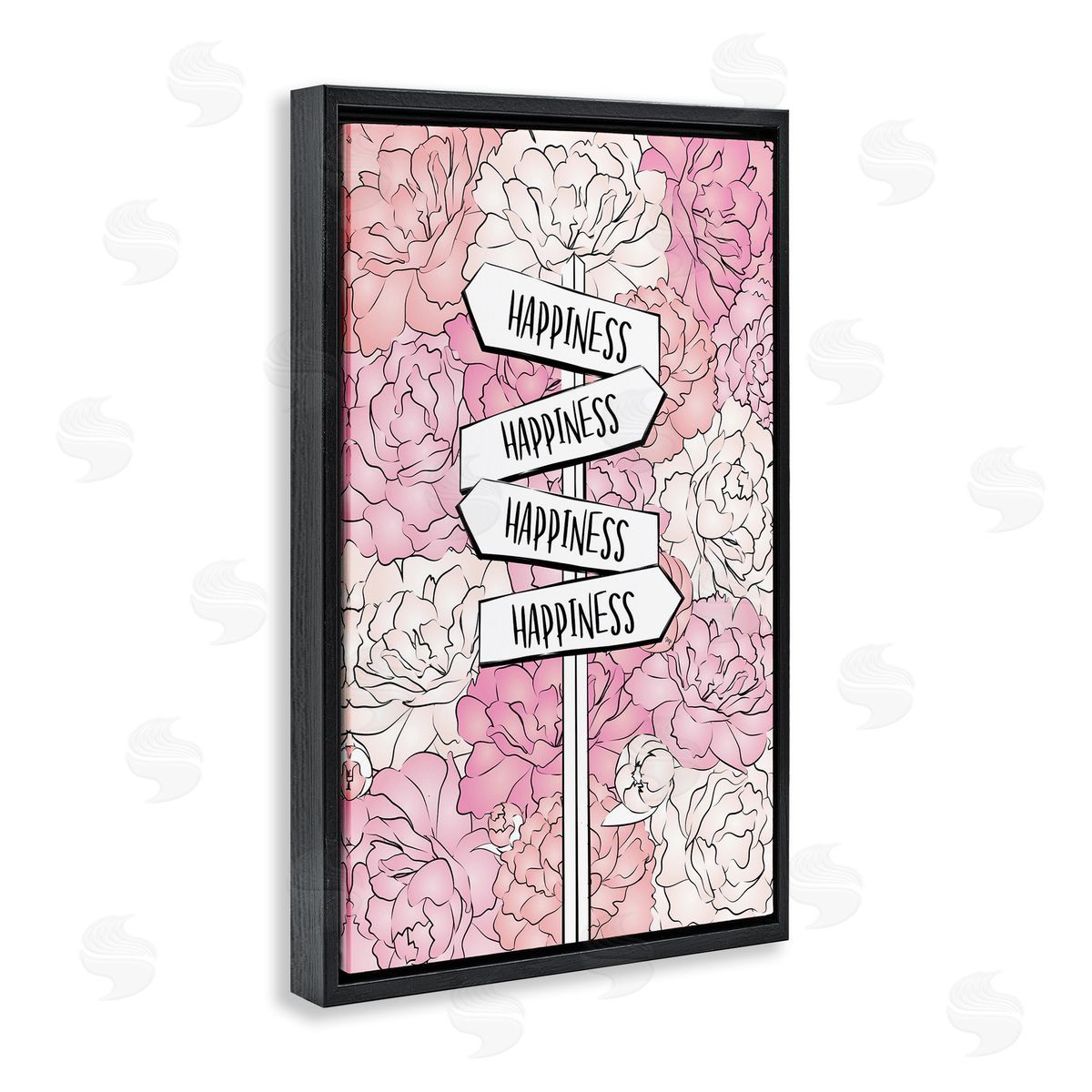 Happiness Sign on Flowers Black Floating Frame Canvas Wall Art, Home Decor by Martina Pavlova