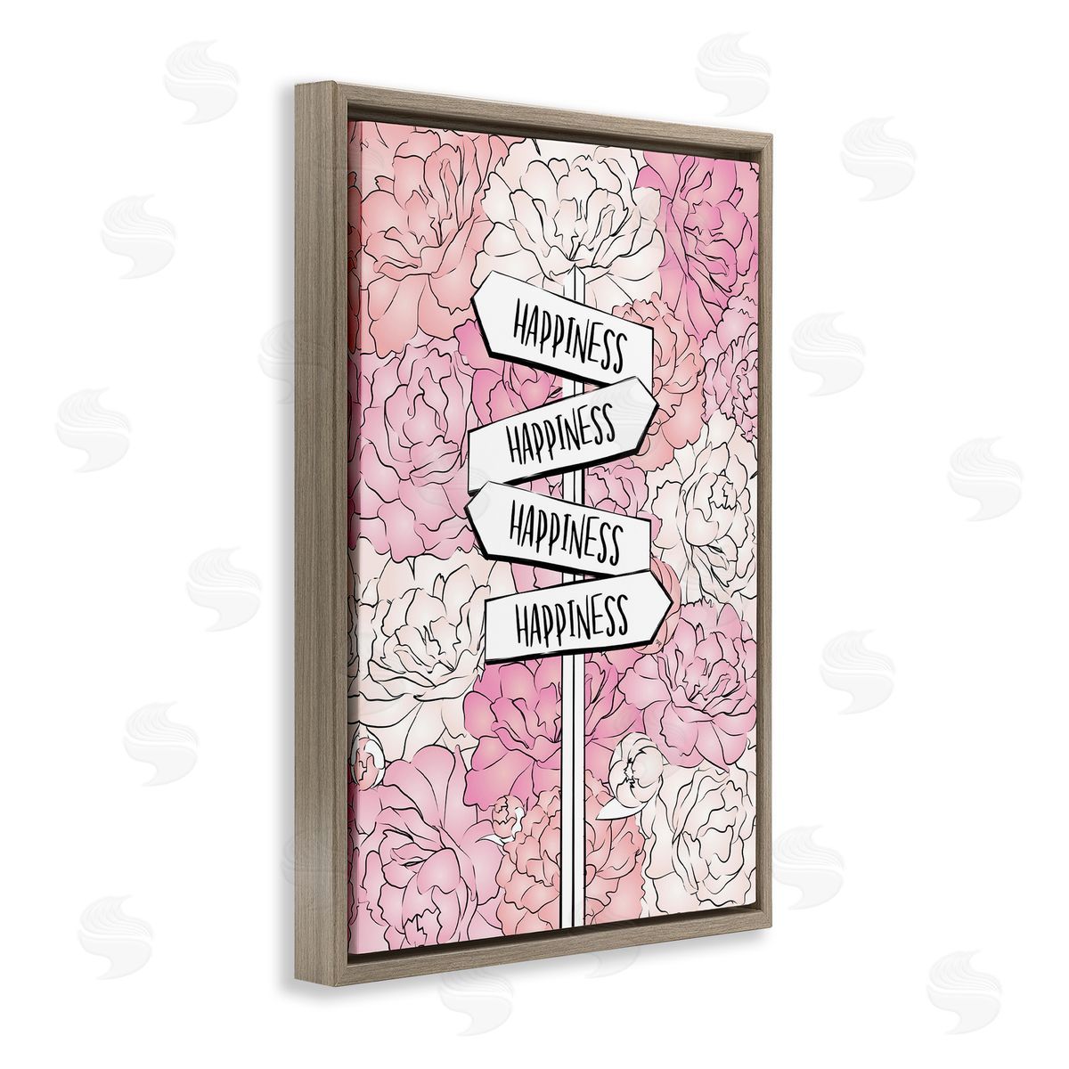 Happiness Sign on Flowers Brown Floating Frame Canvas Wall Art, Home Decor by Martina Pavlova