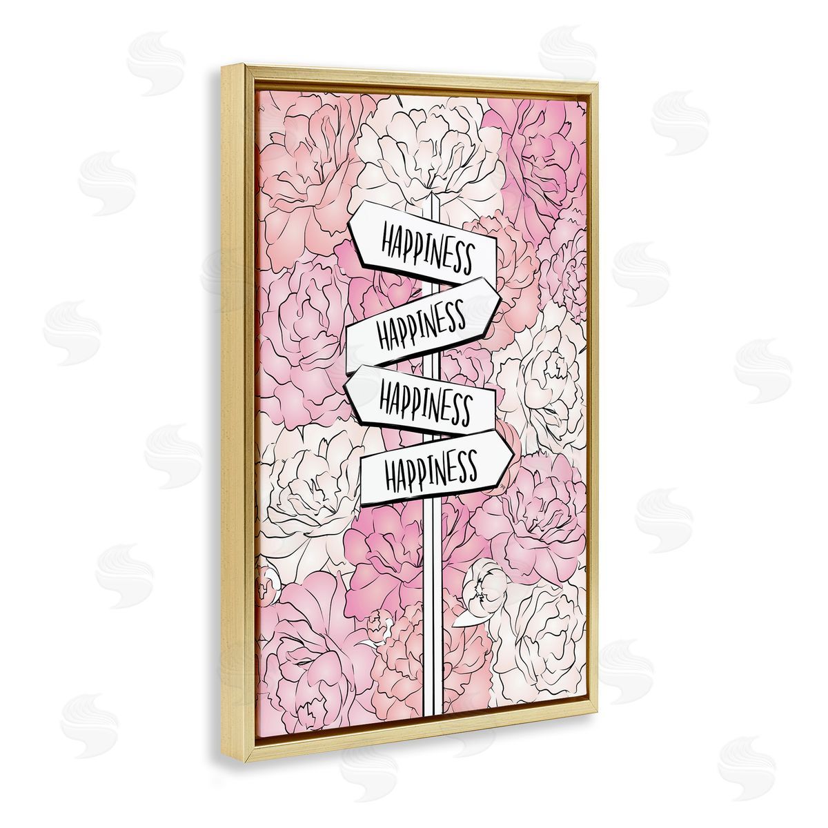 Happiness Sign on Flowers Gold Floating Frame Canvas Wall Art, Home Decor by Martina Pavlova