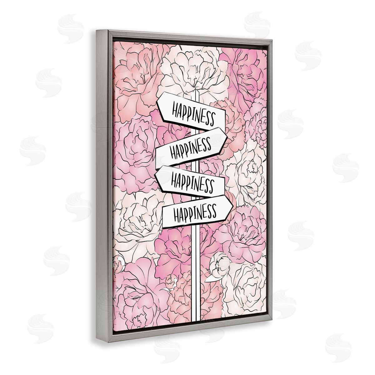 Happiness Sign on Flowers Grey Floating Frame Canvas Wall Art, Home Decor by Martina Pavlova