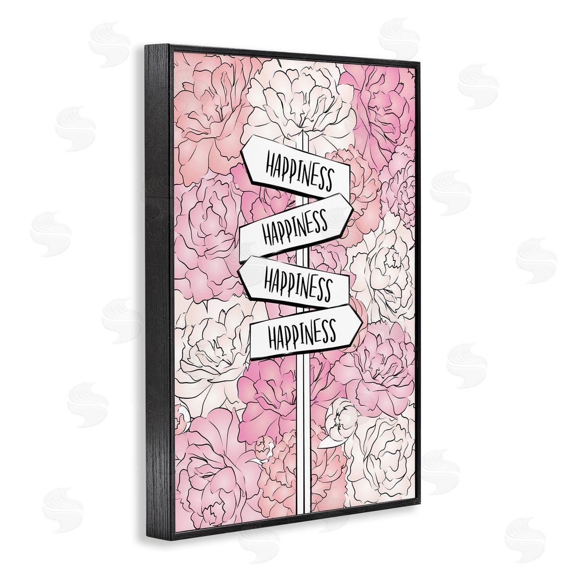 Happiness Sign on Flowers Black Frame Print Wall Art, Home Decor by Martina Pavlova