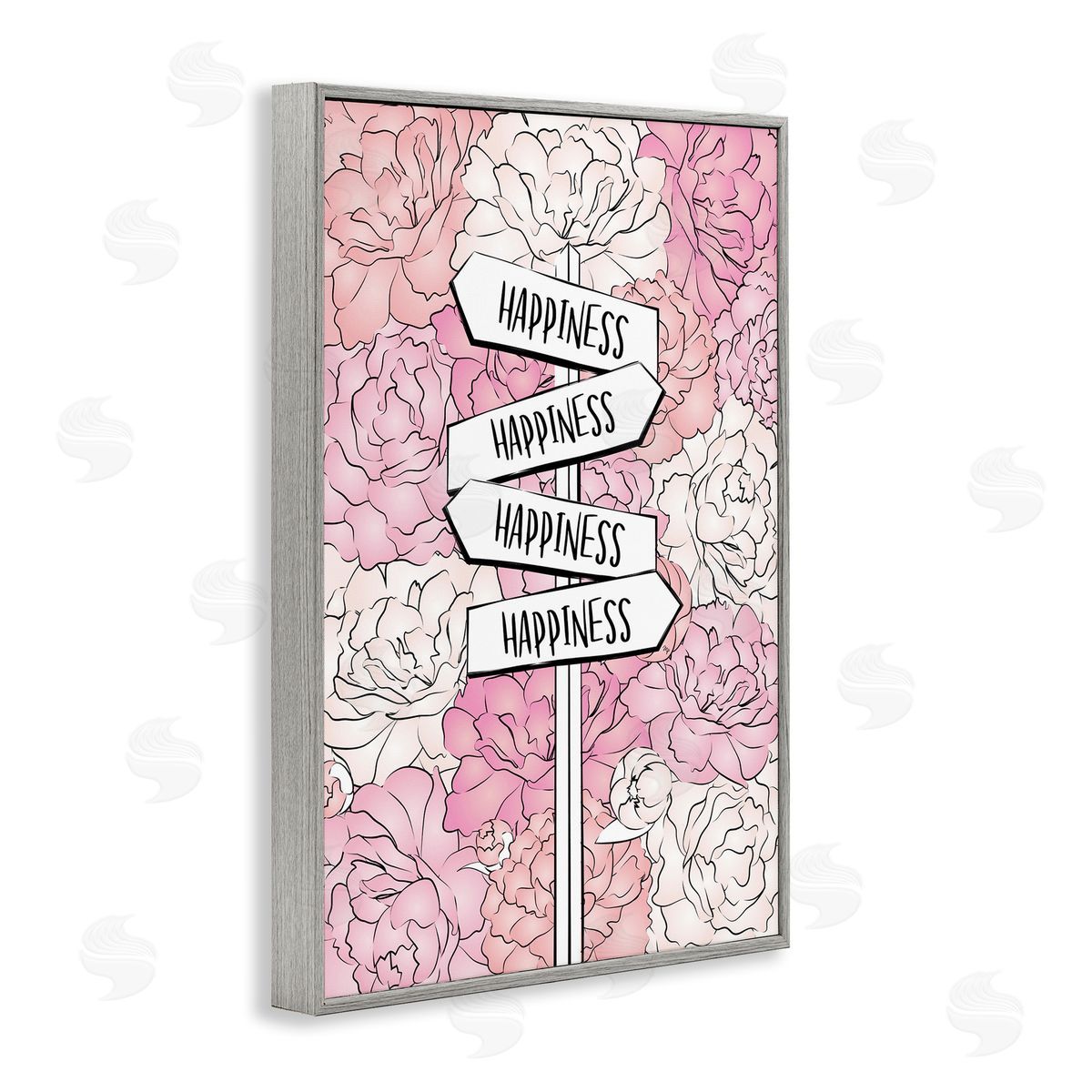 Happiness Sign on Flowers Grey Frame Print Wall Art, Home Decor by Martina Pavlova