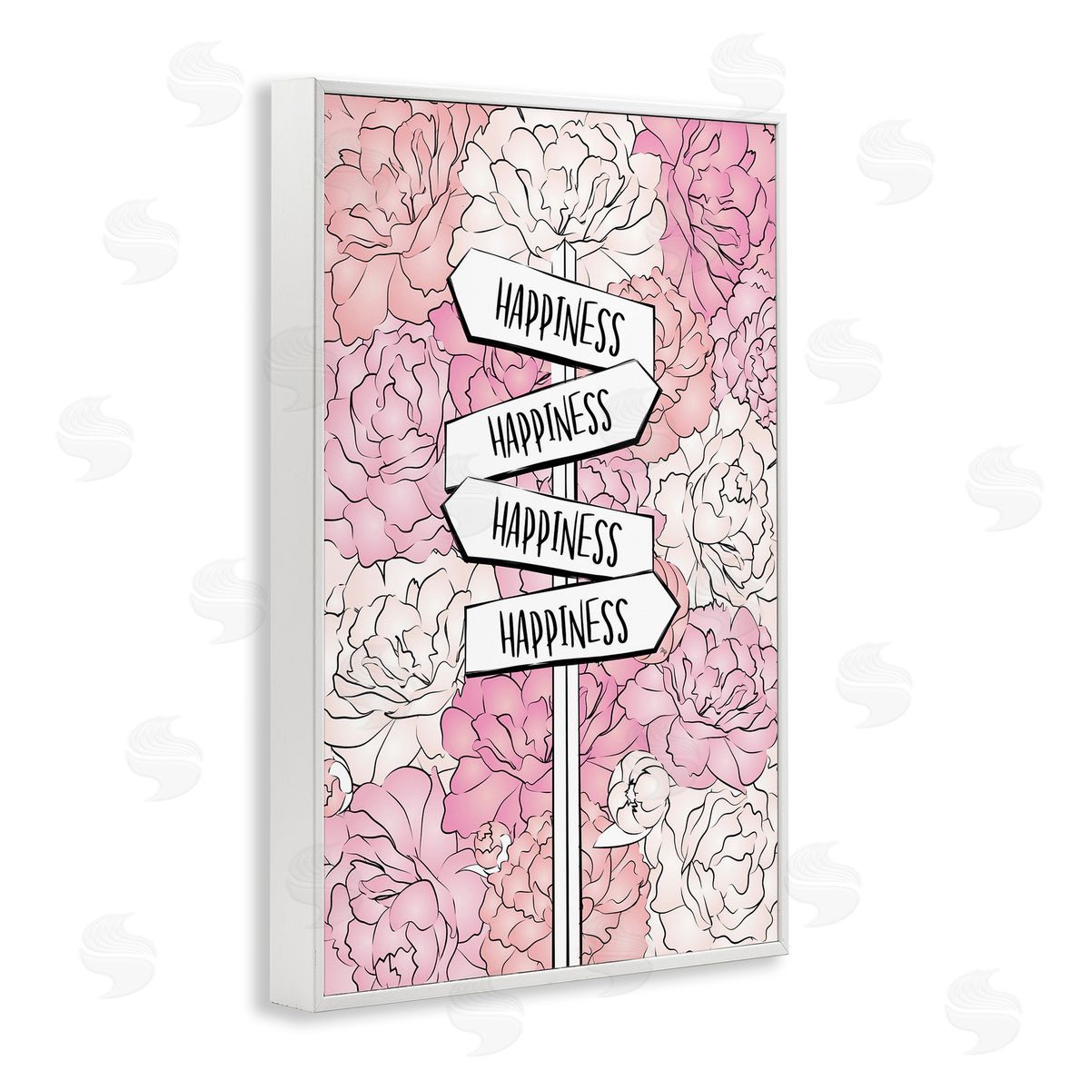 Happiness Sign on Flowers White Frame Print Wall Art, Home Decor by Martina Pavlova