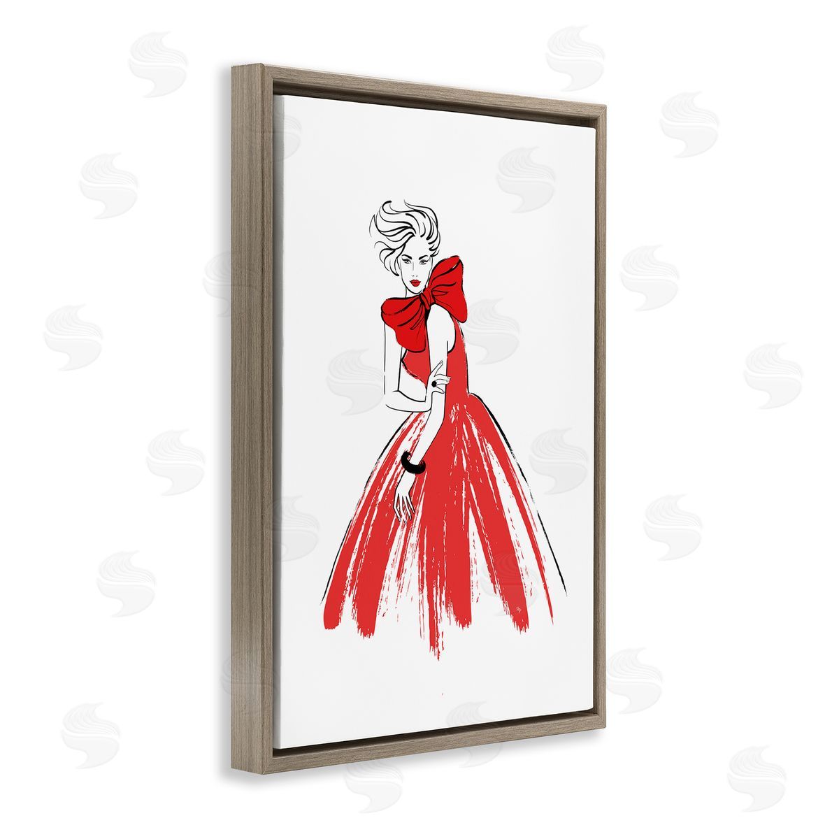 Lady and Red Bow Dress Brown Floating Frame Canvas Wall Art, Home Decor by Martina Pavlova