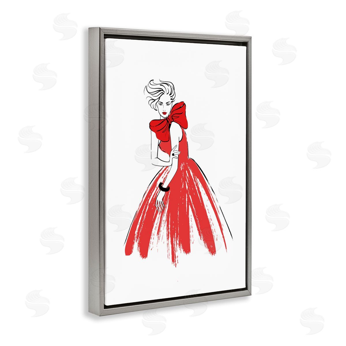 Lady and Red Bow Dress Grey Floating Frame Canvas Wall Art, Home Decor by Martina Pavlova