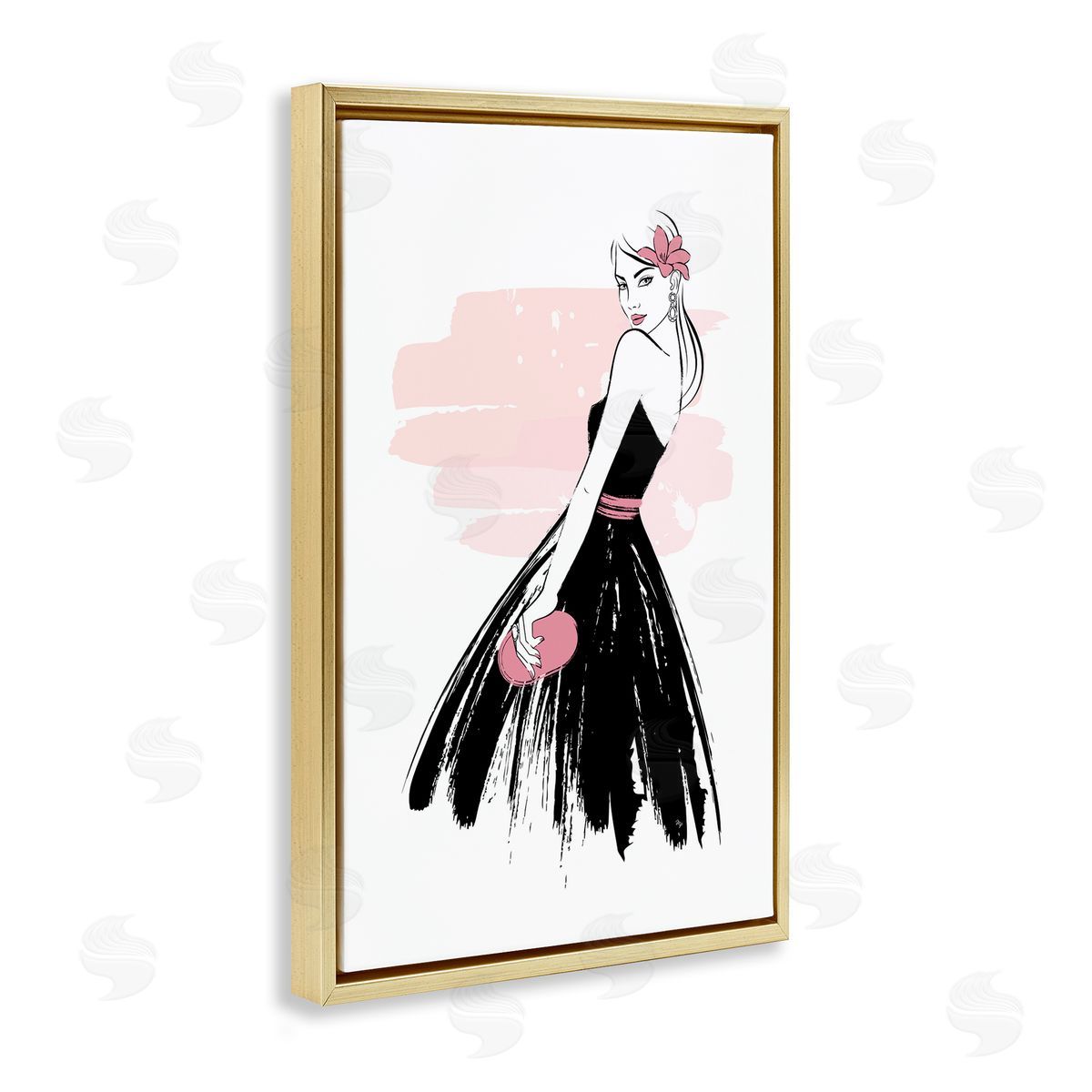 Senorita in Black Dress Gold Floating Frame Canvas Wall Art, Home Decor by Martina Pavlova
